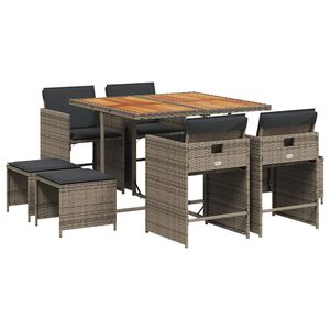 vidaXL 9 Piece Garden Dining Set with Cushions Grey Poly Rattan