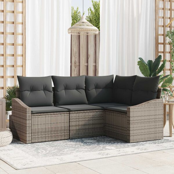 vidaXL Garden Sofa Set with Cushion 4 pcs Grey Poly Rattan