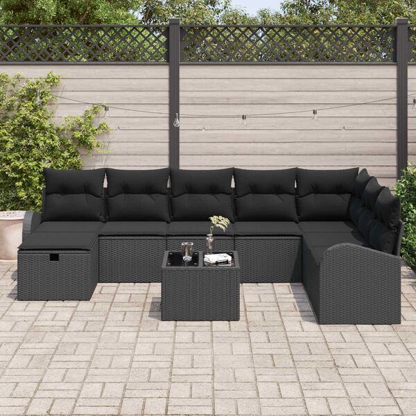 vidaXL Sofa Set with Cushion with Storage 9 pcs Black Poly Rattan
