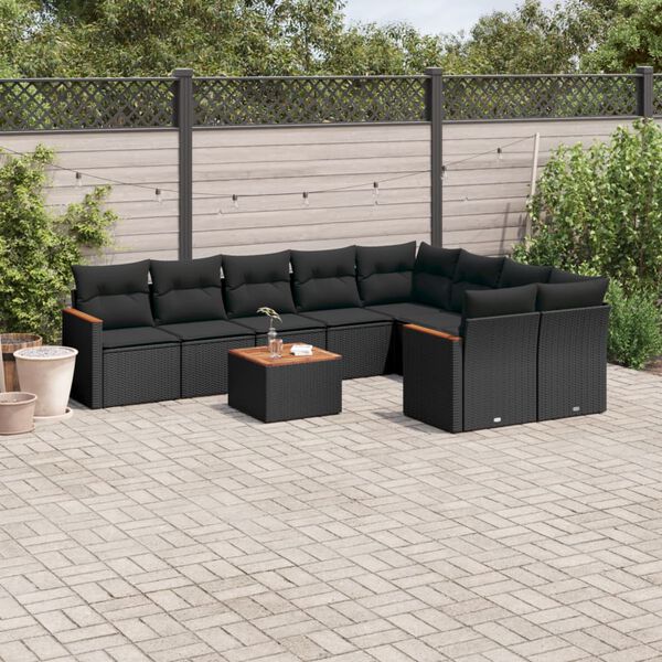 vidaXL 10 Piece Garden Sofa Set with Cushions Black Poly Rattan