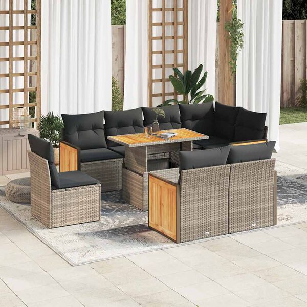 vidaXL 9 Piece Garden Sofa Set with Cushions Grey Poly Rattan Acacia
