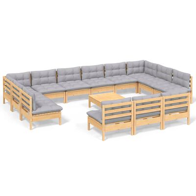 vidaXL 14 Piece Garden Lounge Set with Grey Cushions Solid Pinewood