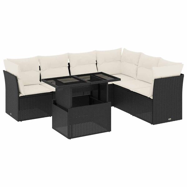 vidaXL 7 Piece Garden Sofa Set with Cushions Black Poly Rattan