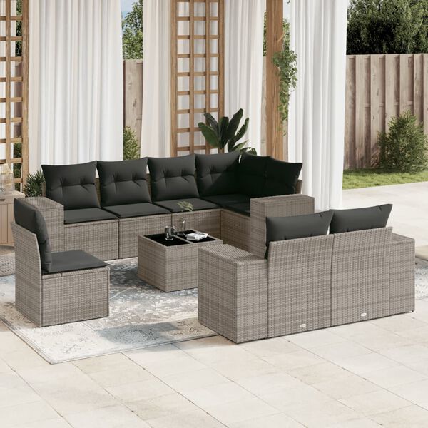 vidaXL 9 Piece Garden Sofa Set with Cushions Grey Poly Rattan
