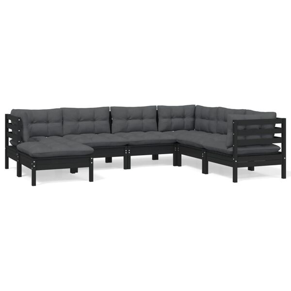 vidaXL 7 Piece Garden Lounge Set with Cushions Black Solid Pinewood