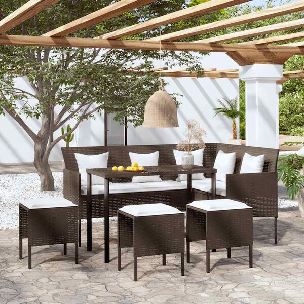 vidaXL 5 Piece L-shaped Couch Sofa Set with Cushions Poly Rattan Brown