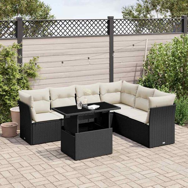 vidaXL 7 Piece Garden Sofa Set with Cushions Black Poly Rattan