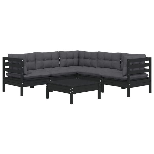 vidaXL 6 Piece Garden Lounge Set with Cushions Black Solid Pinewood