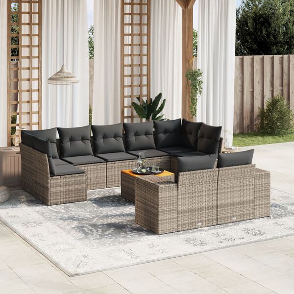 vidaXL 10 Piece Garden Sofa Set with Cushions Grey Poly Rattan