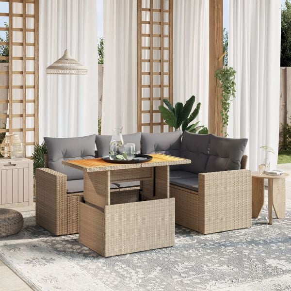 vidaXL 5 Piece Garden Sofa Set with Cushions Beige Poly Rattan