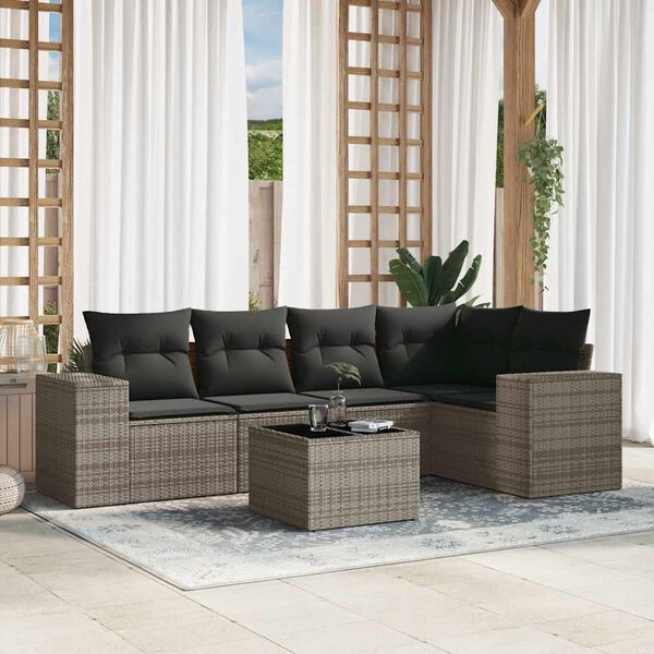 vidaXL 6 Piece Garden Sofa Set with Cushions Grey Poly Rattan
