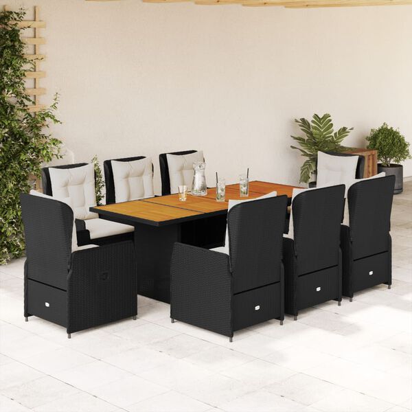 vidaXL 9 Piece Garden Dining Set with Cushions Black Poly Rattan