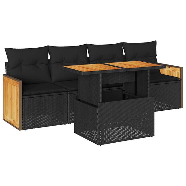 vidaXL 5 Piece Garden Sofa Set with Cushions Black Poly Rattan Acacia