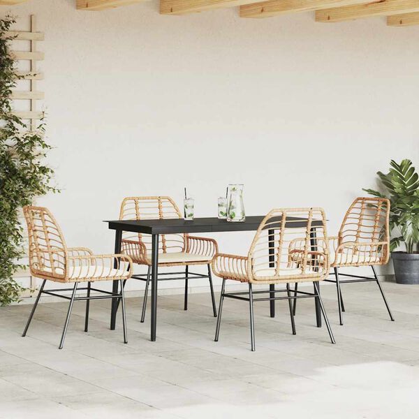 vidaXL 5 Piece Garden Dining Set with Cushions Brown Poly Rattan Glass