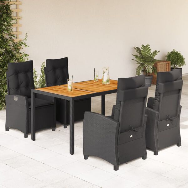 vidaXL 5 Piece Garden Dining Set with Cushions Black Poly Rattan