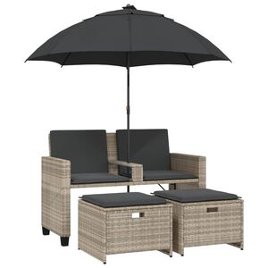 vidaXL Garden Sofa 2-Seater with Parasol and Stools Light Grey Poly Rattan