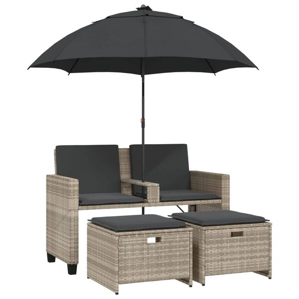 vidaXL Garden Sofa 2-Seater with Parasol and Stools Light Grey Poly Rattan