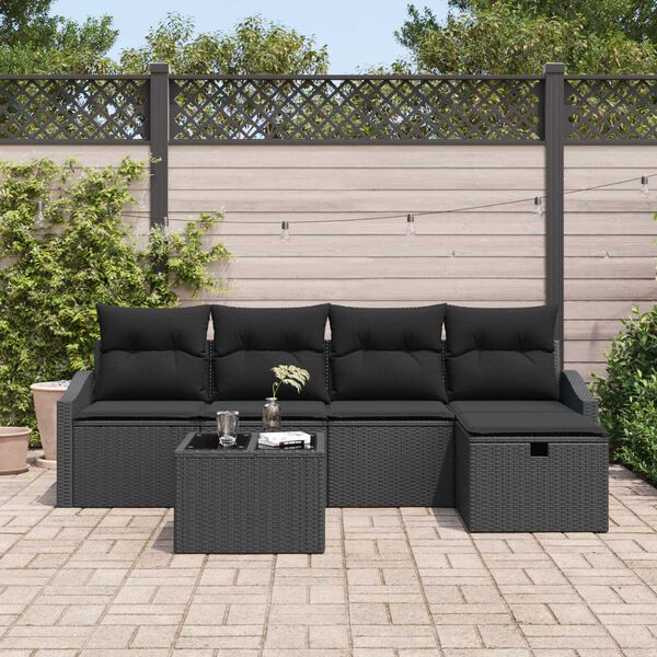 vidaXL Sofa Set with Cushion with Storage 6 pcs Black Poly Rattan
