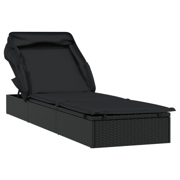 vidaXL Sunbed with Foldable Roof Black 213x63x97 cm Poly Rattan