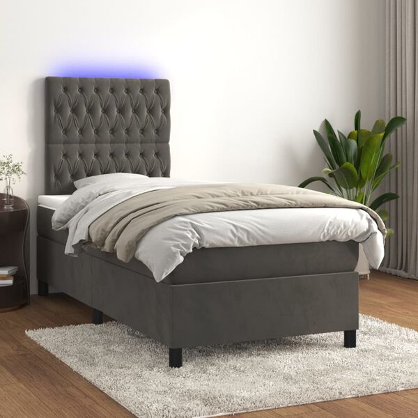 vidaXL Box Spring Bed with Mattress&LED Dark Grey 106x203 cm King Single Size Velvet