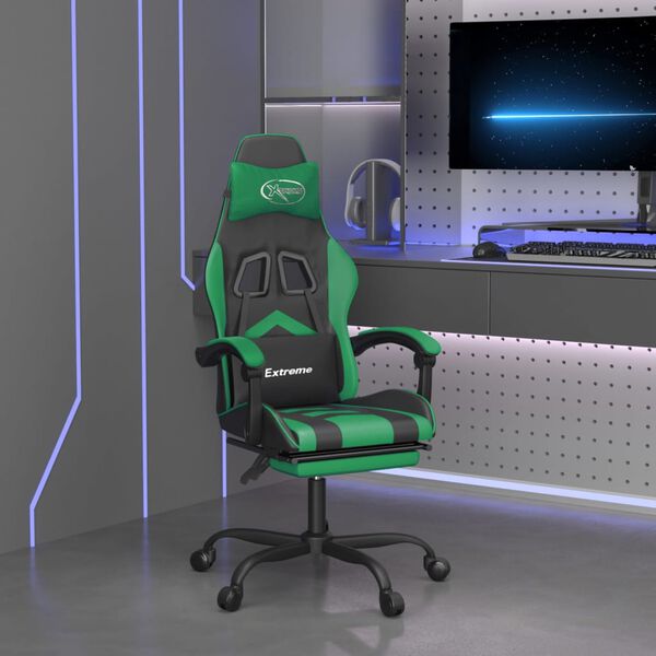 vidaXL Swivel Gaming Chair with Footrest Black&Green Faux Leather