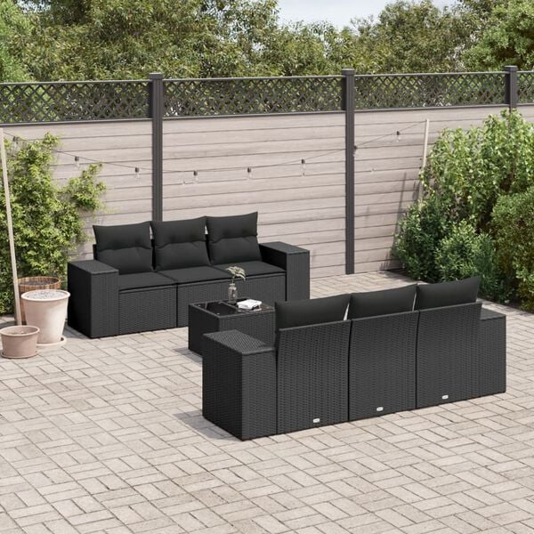 vidaXL 7 Piece Garden Sofa Set with Cushions Black Poly Rattan