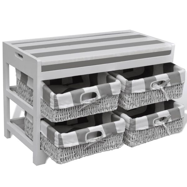 White Storage & Entryway Bench with Cushion Top 4 Basket