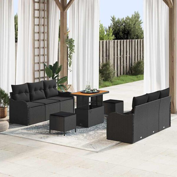 vidaXL Garden Sofa Set Height-Adjustable 9 pcs Black Poly Rattan