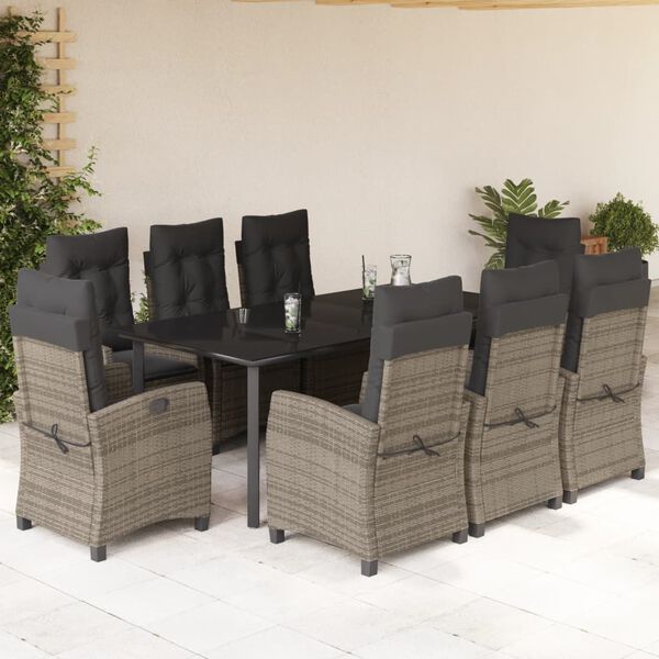 vidaXL 9 Piece Garden Dining Set with Cushions Grey Poly Rattan