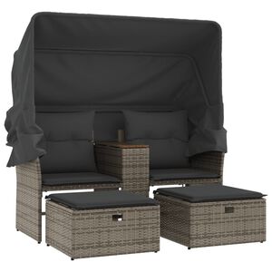 vidaXL Garden Sofa 2-Seater with Canopy and Stools Grey Poly Rattan