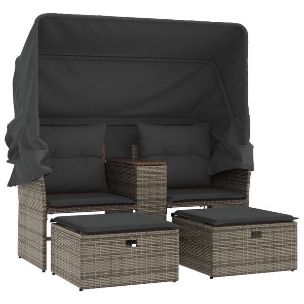 vidaXL Garden Sofa 2-Seater with Canopy and Stools Grey Poly Rattan