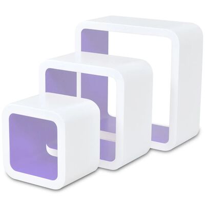 3 White-purple MDF Floating Wall Display Shelf Cubes Book/DVD Storage