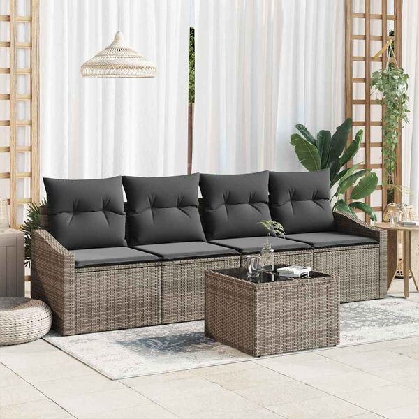 vidaXL Sofa Set with Cushion with Storage 5 pcs Grey Poly Rattan