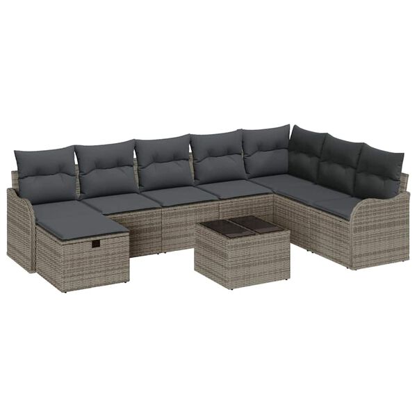 vidaXL Sofa Set with Cushion with Storage 9 pcs Grey Poly Rattan