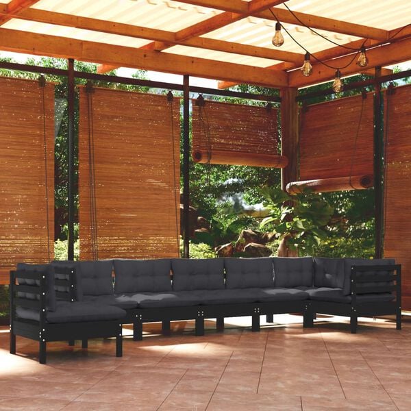 vidaXL 8 Piece Garden Lounge Set with Cushions Black Solid Pinewood