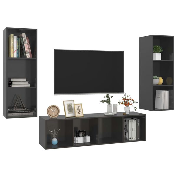 vidaXL 3 Piece TV Cabinet Set High Gloss Grey Engineered Wood