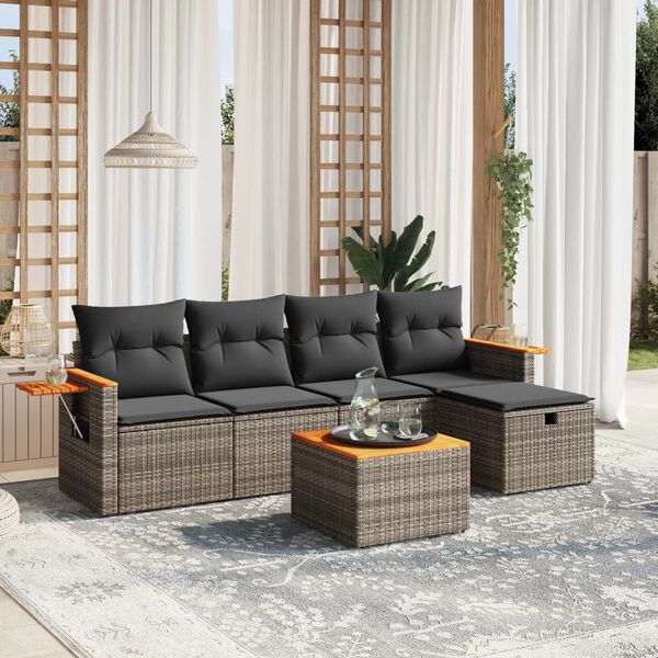 vidaXL 6 Piece Garden Sofa Set with Cushions Grey Poly Rattan