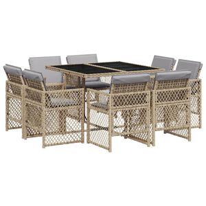 vidaXL 9 Piece Garden Dining Set with Cushions Mix Beige Poly Rattan