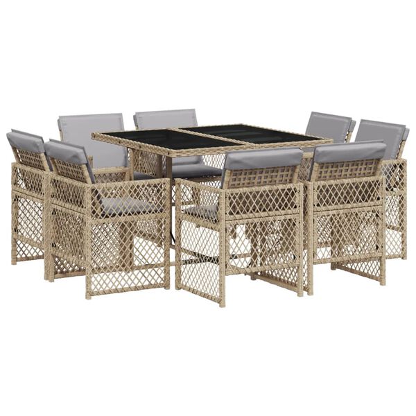vidaXL 9 Piece Garden Dining Set with Cushions Mix Beige Poly Rattan