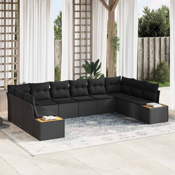 vidaXL Garden Sofa Set with Cushion 10 pcs Black Poly Rattan