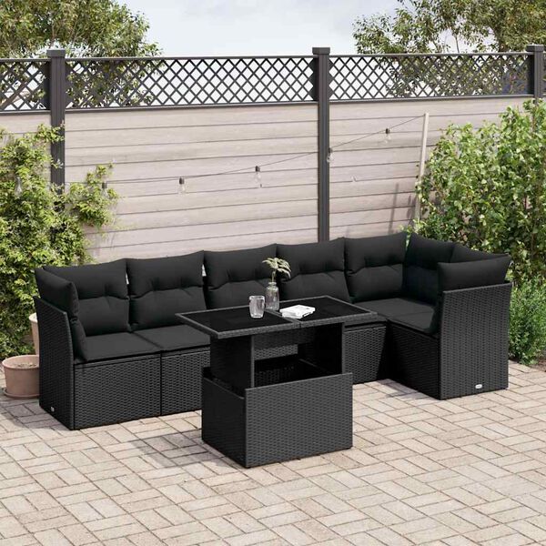 vidaXL 7 Piece Garden Sofa Set with Cushions Black Poly Rattan