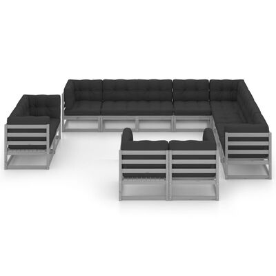 vidaXL 12 Piece Garden Lounge Set with Cushions Grey Solid Pinewood