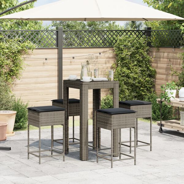 vidaXL 5 Piece Garden Bar Set with Cushions Grey Poly Rattan