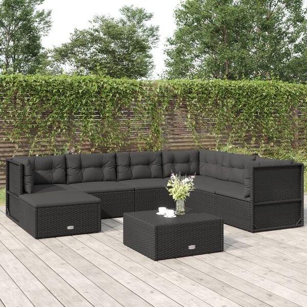 vidaXL 7 Piece Garden Lounge Set with Cushions Black Poly Rattan