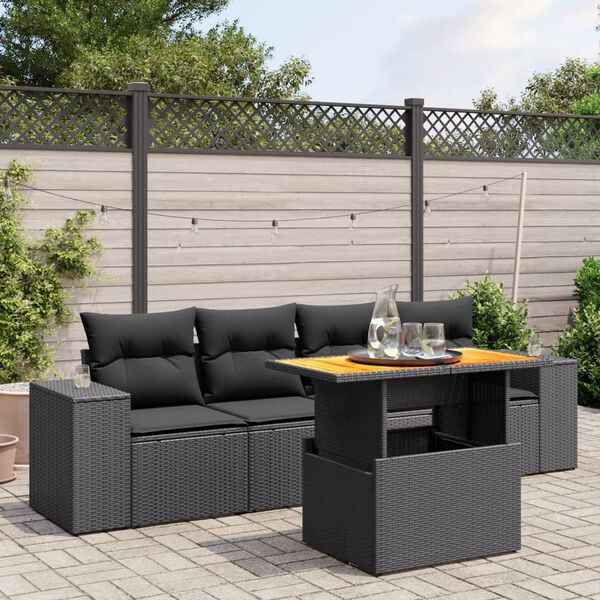 vidaXL 5 Piece Garden Sofa Set with Cushions Black Poly Rattan