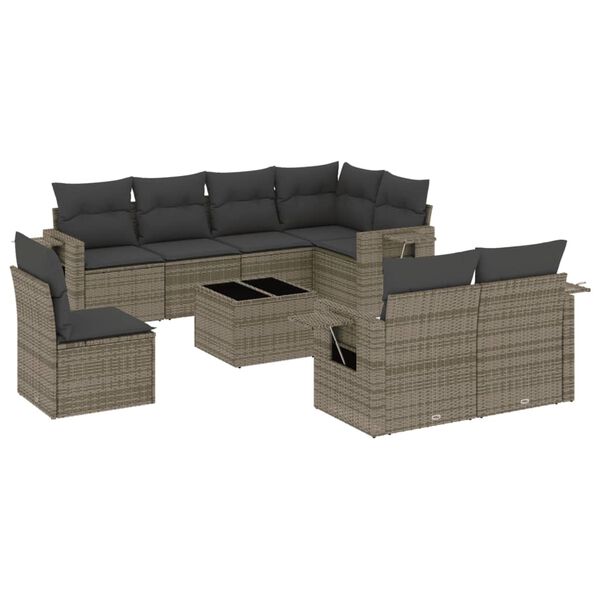 vidaXL 9 Piece Garden Sofa Set with Cushions Grey Poly Rattan
