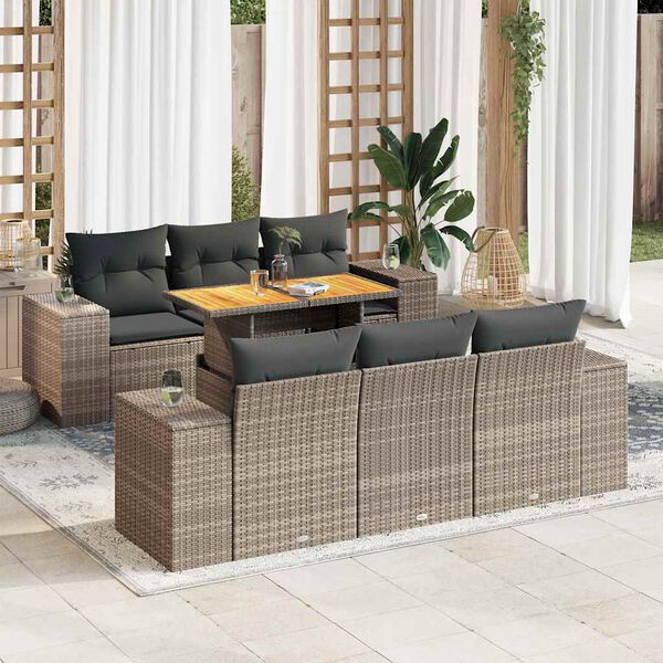 vidaXL 7 Piece Garden Sofa Set with Cushions Grey Poly Rattan