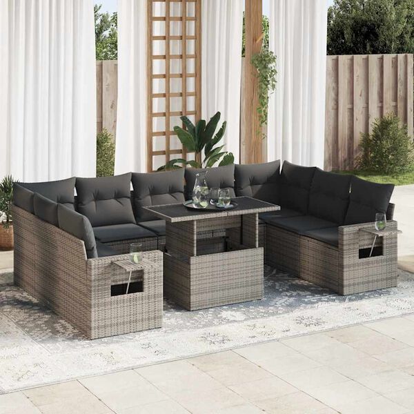 vidaXL 10 Piece Garden Sofa Set with Cushions Grey Poly Rattan