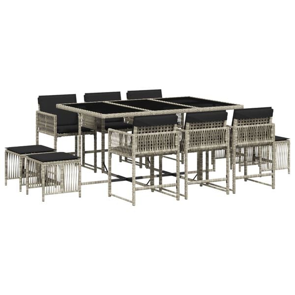 vidaXL 11 Piece Garden Dining Set with Cushions Light Grey Poly Rattan