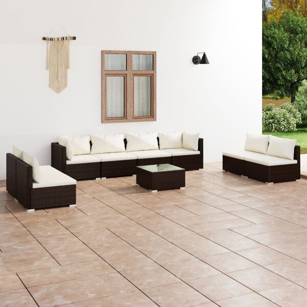 vidaXL 9 Piece Garden Lounge Set with Cushions Poly Rattan Brown
